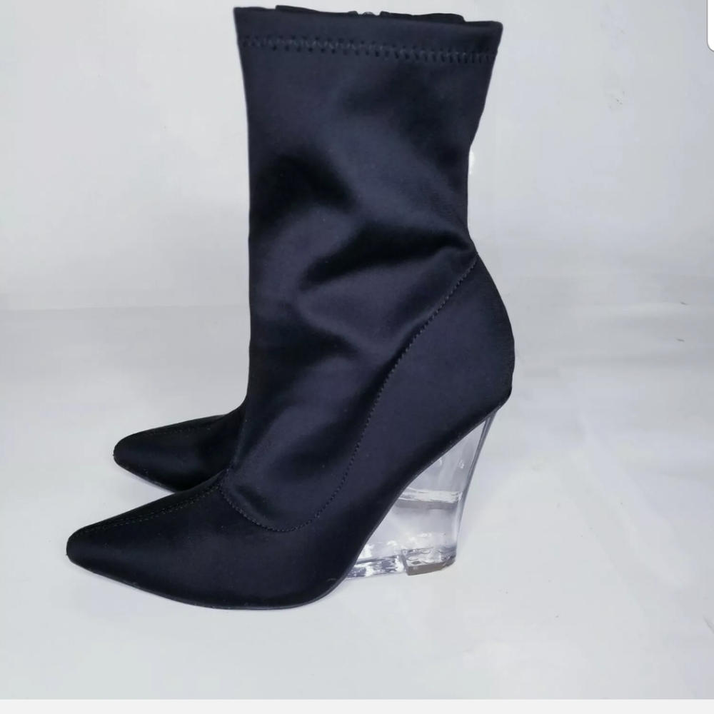 Azalea Wang Clear 4.5" Wedge Heel Ankle Boots Women's Sz 6.5 Black Nylon Bootie